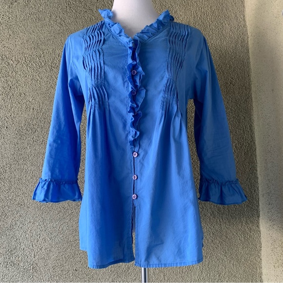 🔥5/$20🔥 “Jane Ashley” Blue Cotton Button-down Shirt with Pintucks Ruffles L - Picture 8 of 13